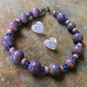 Jewelry bundle purple blue beaded stone bracelet NWOT sparkle heart earrings